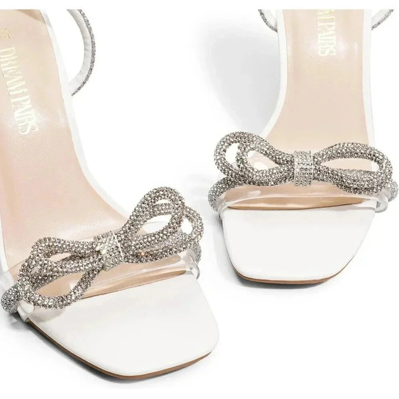 Women's White Double Bowknots Crystal Sandals Clear Slingback Heels - Picture 5 of 7